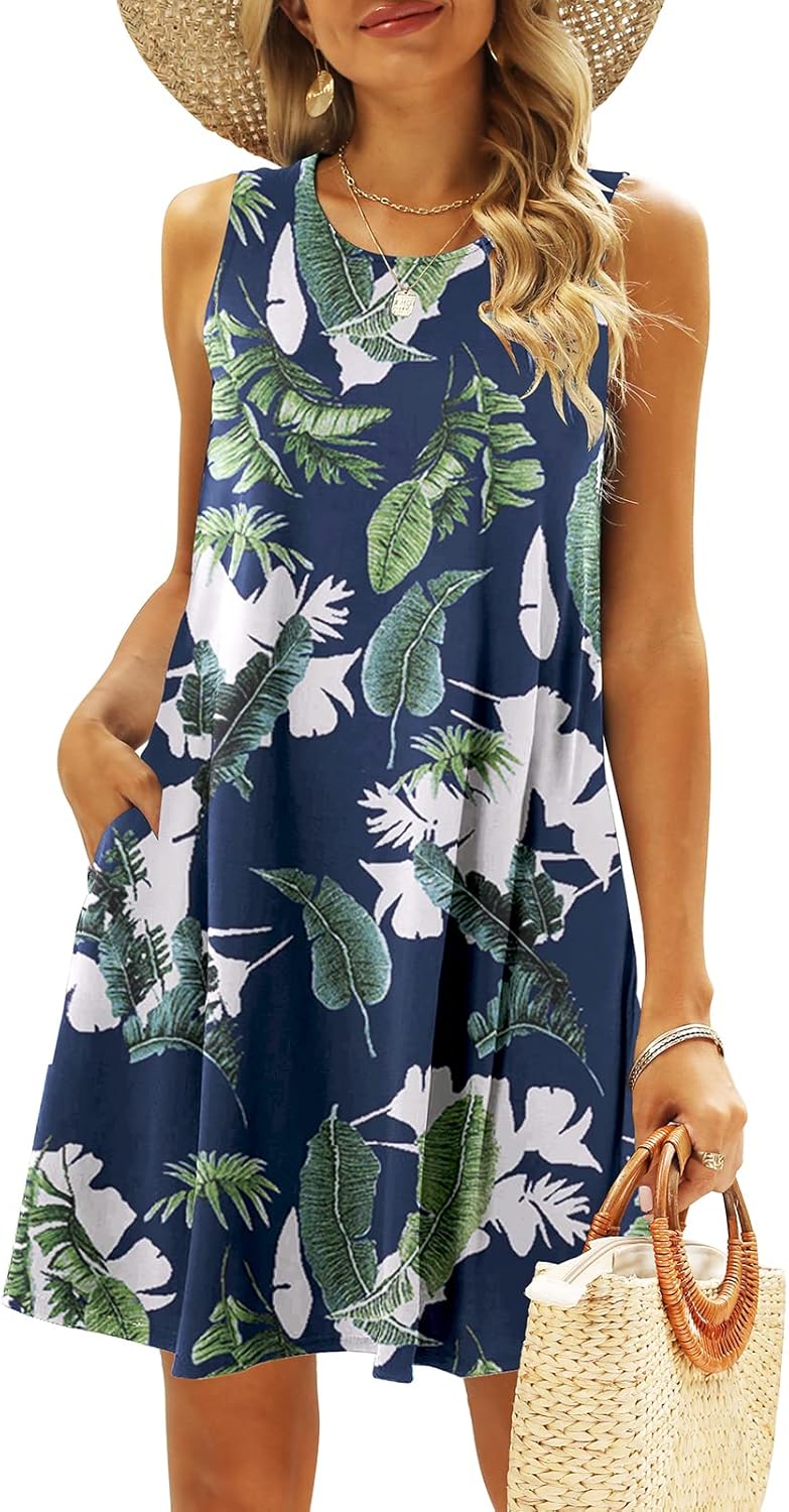 SimpleFun Summer Dresses for Women Beach Floral Tshirt Sundress Casual Pockets Boho Tank Dress