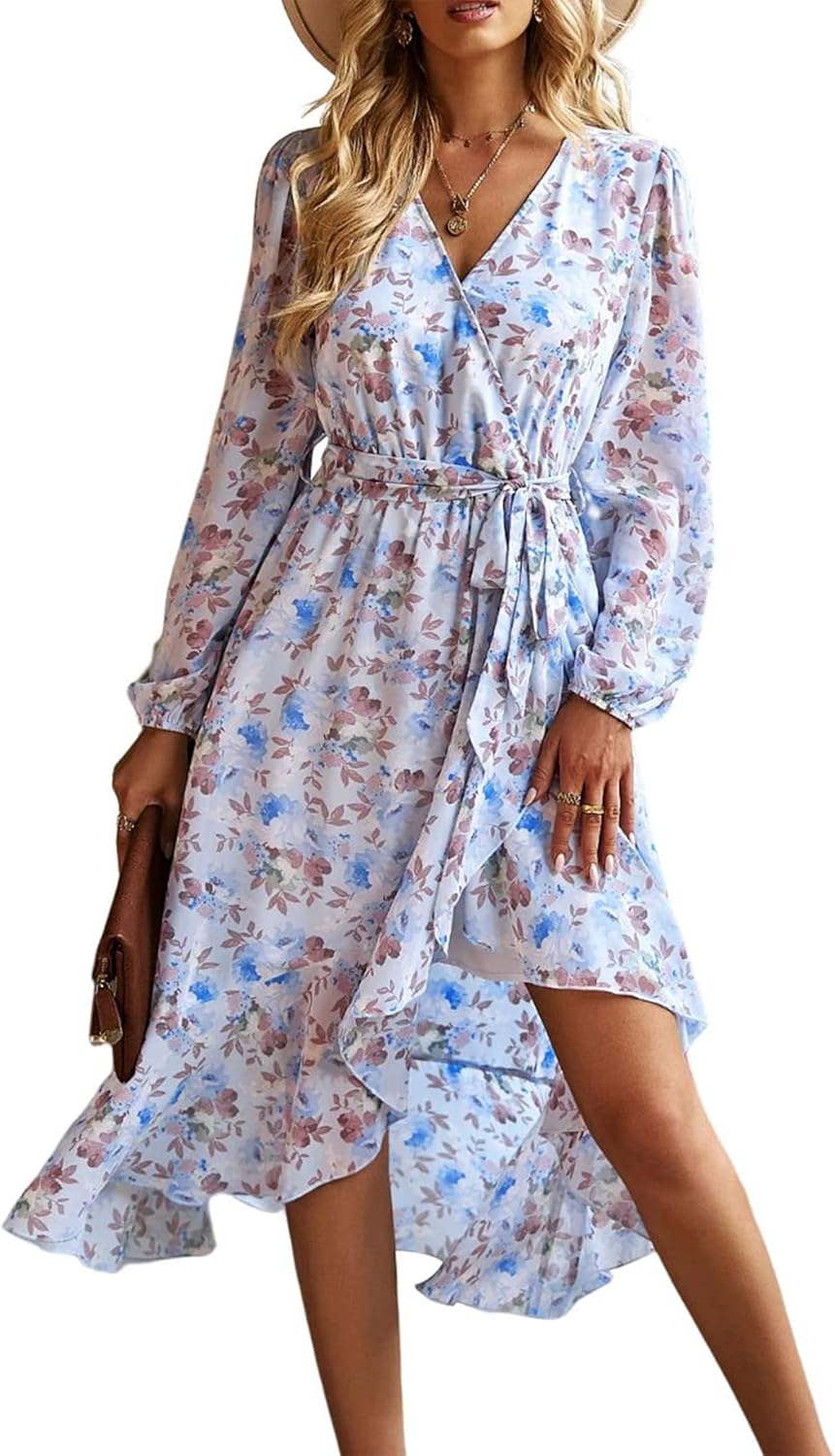 PRETTYGARDEN Women's Floral Boho Dress Fall Long Sleeve Wrap V Neck Ruffle Flowy Maxi Spring Wedding Guest Vacation Dresses