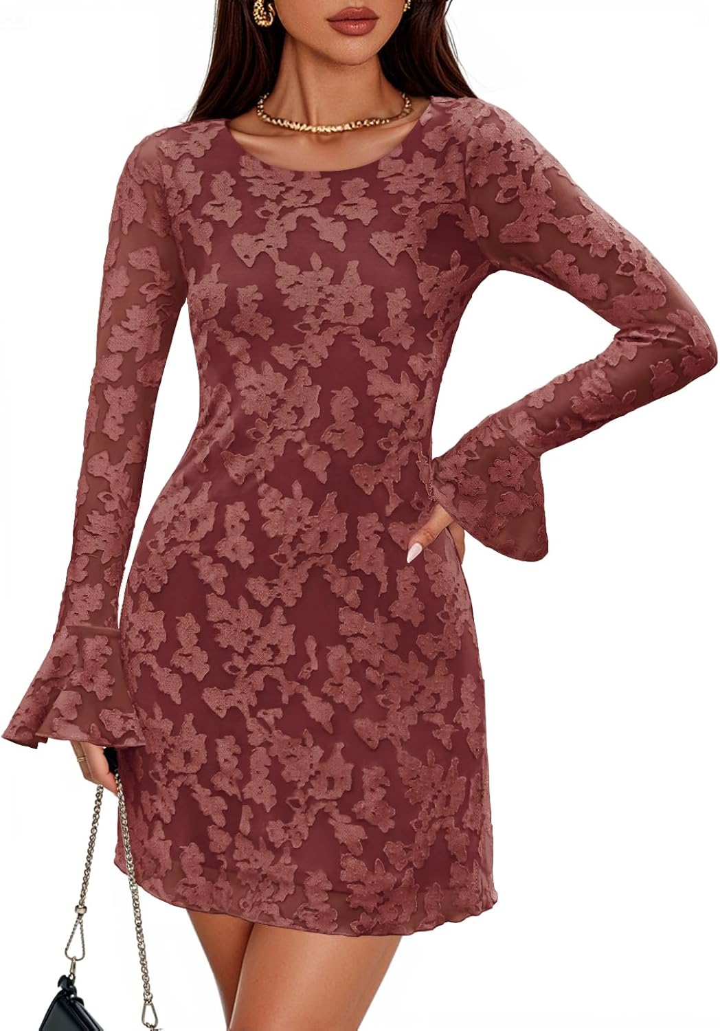 ZESICA Long Sleeve Mini Dresses for Women 2025 Floral Mesh Crewneck Bodycon Wedding Guests Cocktail Party Short Dress