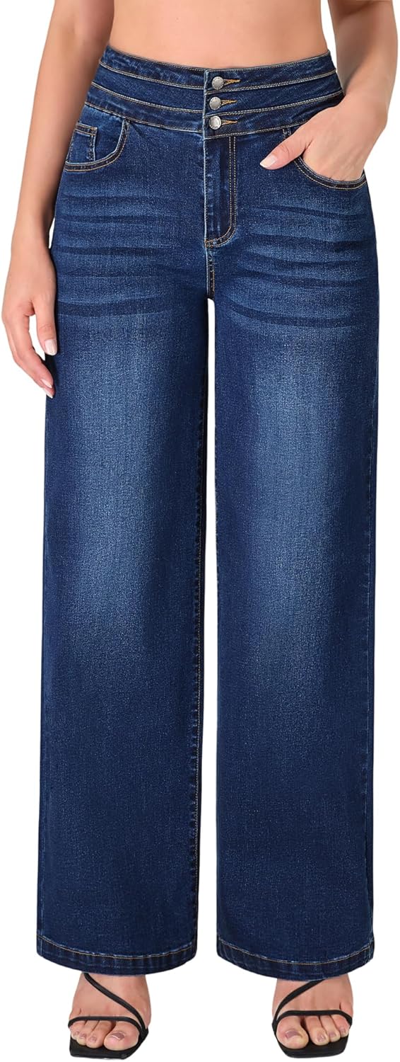 roswear Women's Wide Leg Jeans Casual High Waisted Stretch Baggy Loose Denim Pants