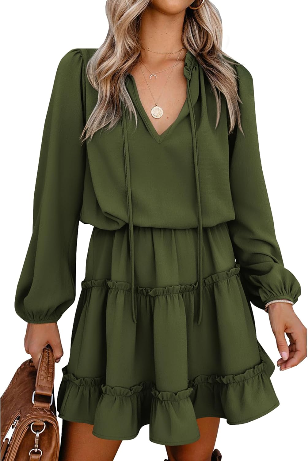 BTFBM Long Sleeve Fall Dresses for Women 2025 Summer Casual Tie Neck Ruffle Tiered A Line Wedding Guest Short Mini Dress