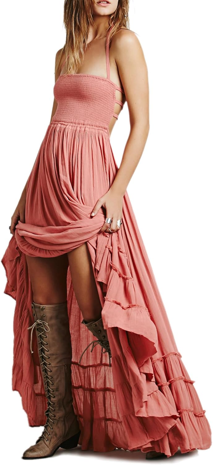 R.Vivimos Womens Summer Boho Sexy Backless Long Dresses