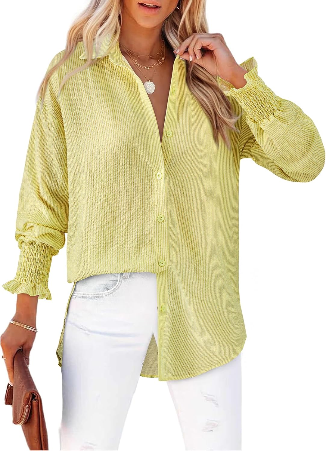 Women's Striped Button Down Shirts Long Sleeve Smocked Cuffed Oversized Boyfriend Blouses Collared Work No Pockets Tops