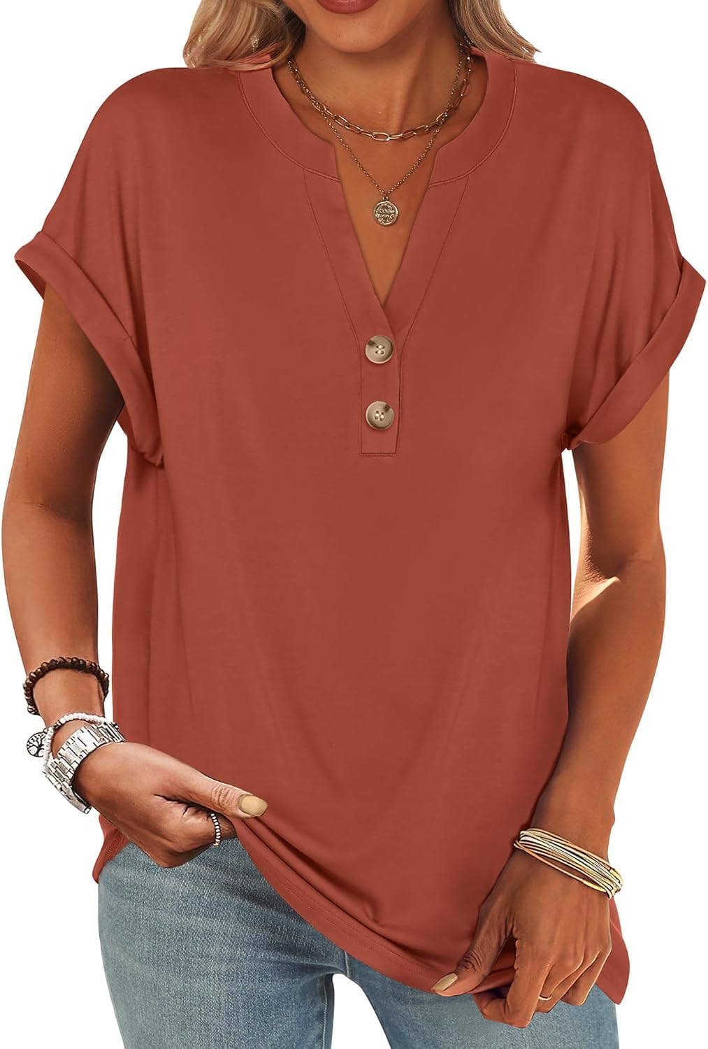 ANRABESS Womens Short Sleeve Henley Tops V Neck Dressy Casual Blouses Summer Trendy Tee Shirts 2025 Vacation Fashion Clothes