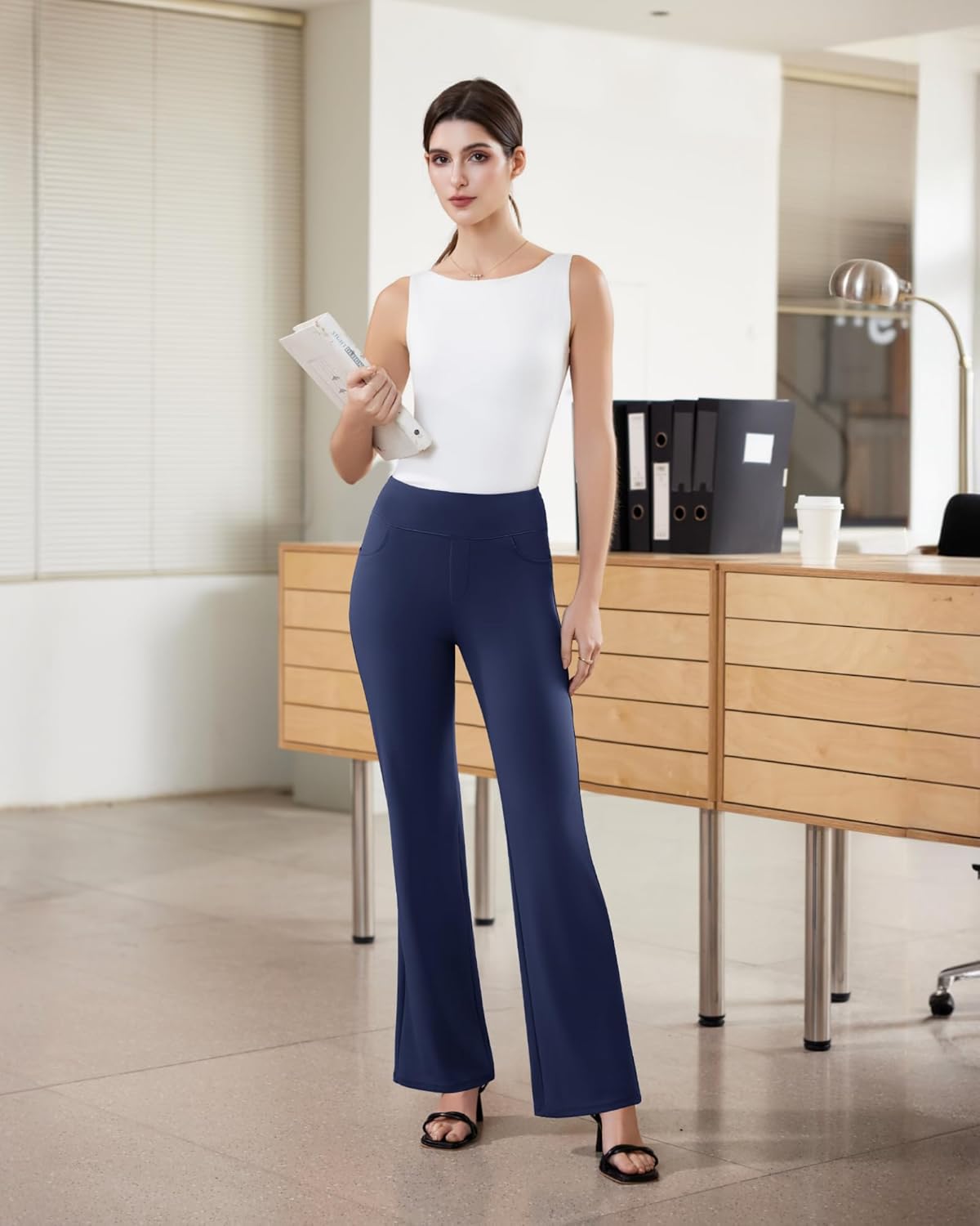 Womens Dress Pants Stretchy Work Pants Business Casual Office Trousers Pull On Flare Slacks with 4 Pockets