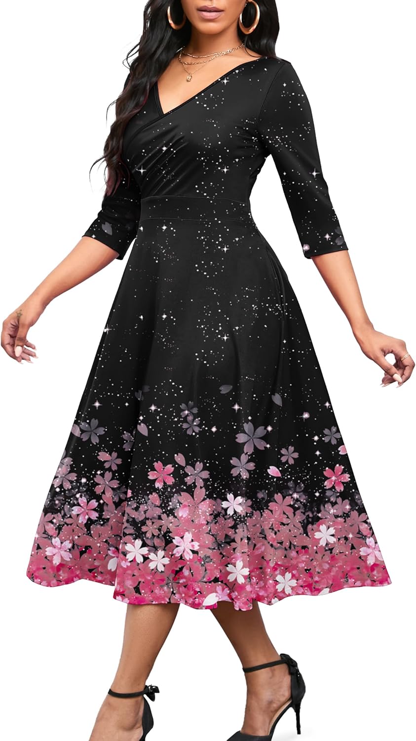 Nmoder Women's Casual Wrap Flared Midi Dress Wedding Guest Cocktail Tea Dresses A-Line Swing V-Neck 3/4 Sleeve