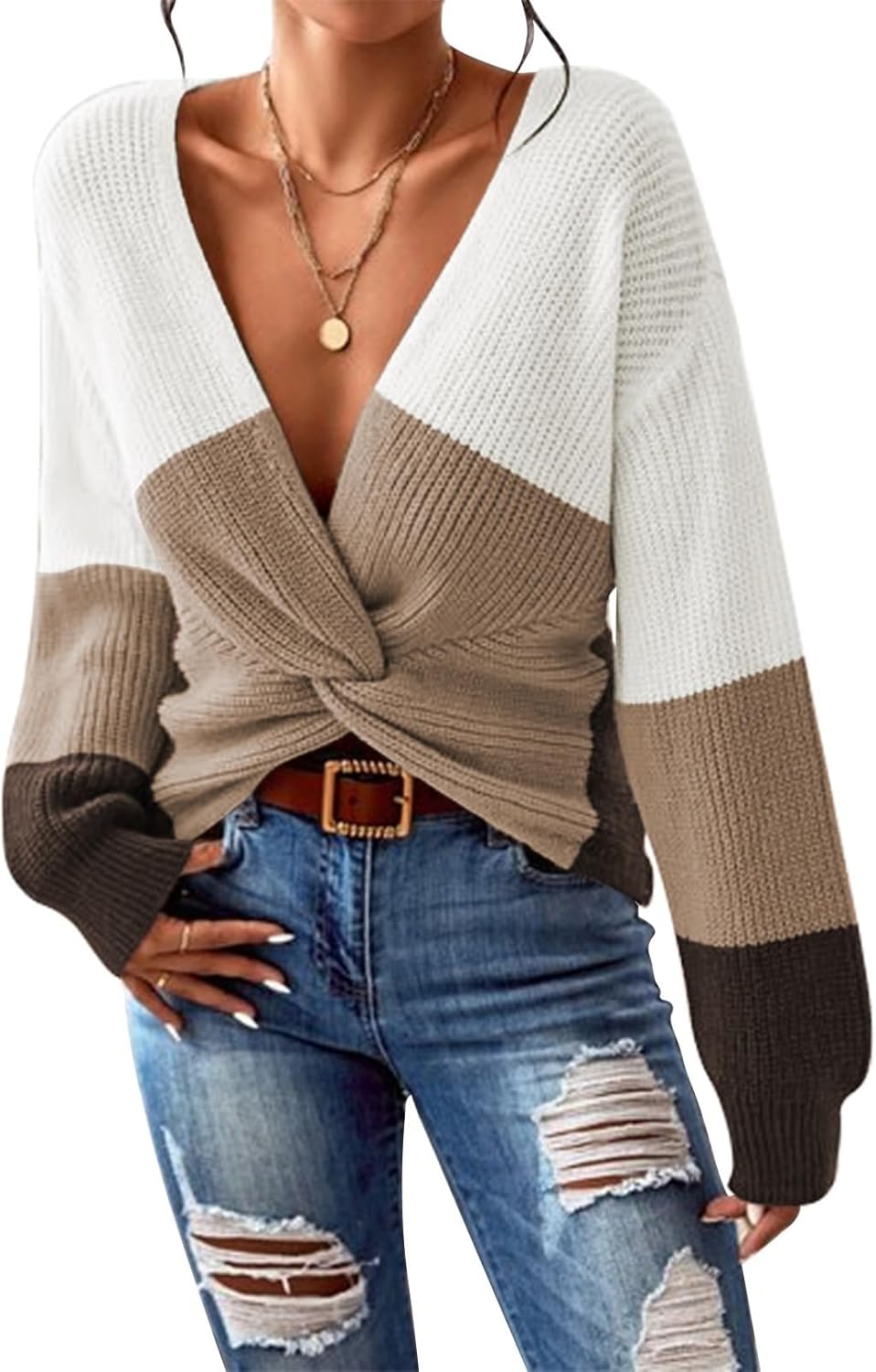 Pink Queen Women's 2025 Casual Pullover Sweaters Sexy V Neck Long Sleeve Twist Knot Cropped Knit Sweater Tops