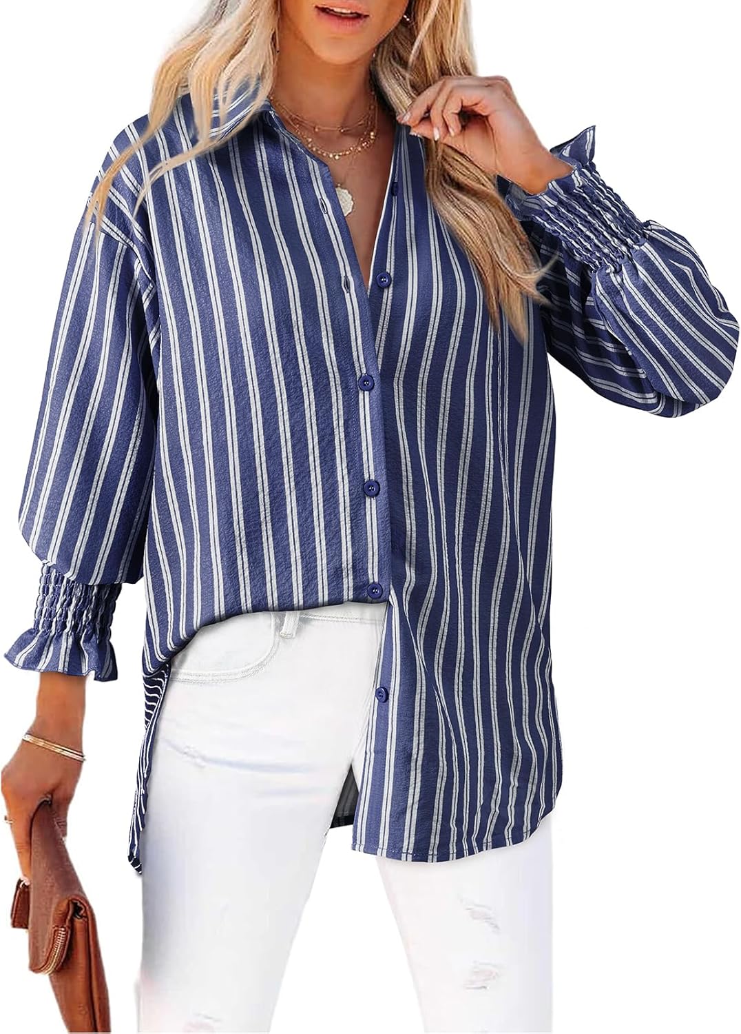 Women's Striped Button Down Shirts Long Sleeve Smocked Cuffed Oversized Boyfriend Blouses Collared Work No Pockets Tops