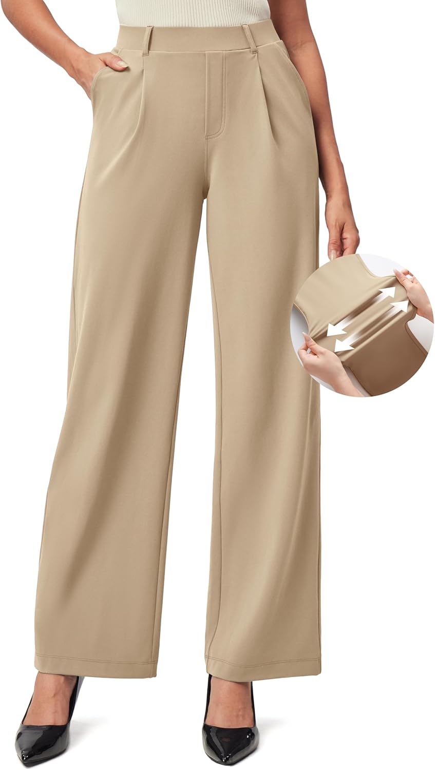 IUGA Womens Dress Pants Wide Leg Pull On Stretchy Work Pants Women High Waisted Business Casual Trousers with Pockets