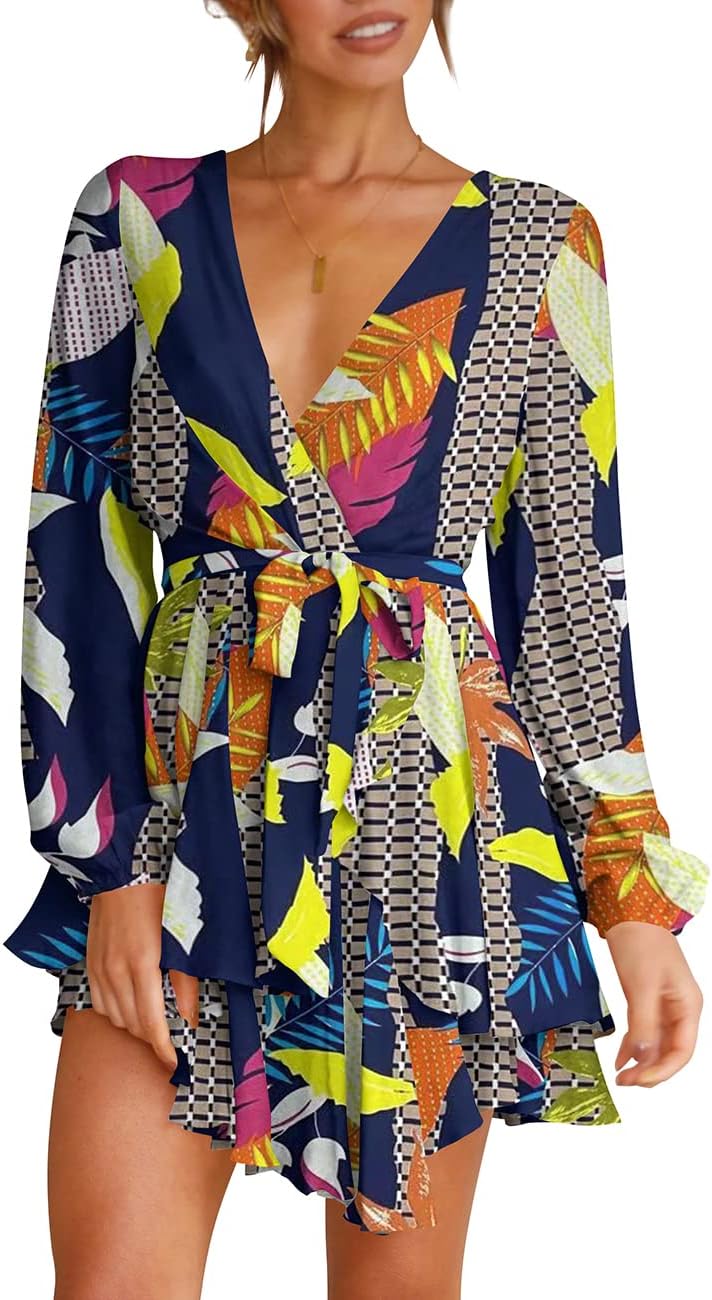 Cosonsen Women's Dress Deep V-Neck Long Sleeve Waist Tie Ruffle Mini Swing Skater Dresses