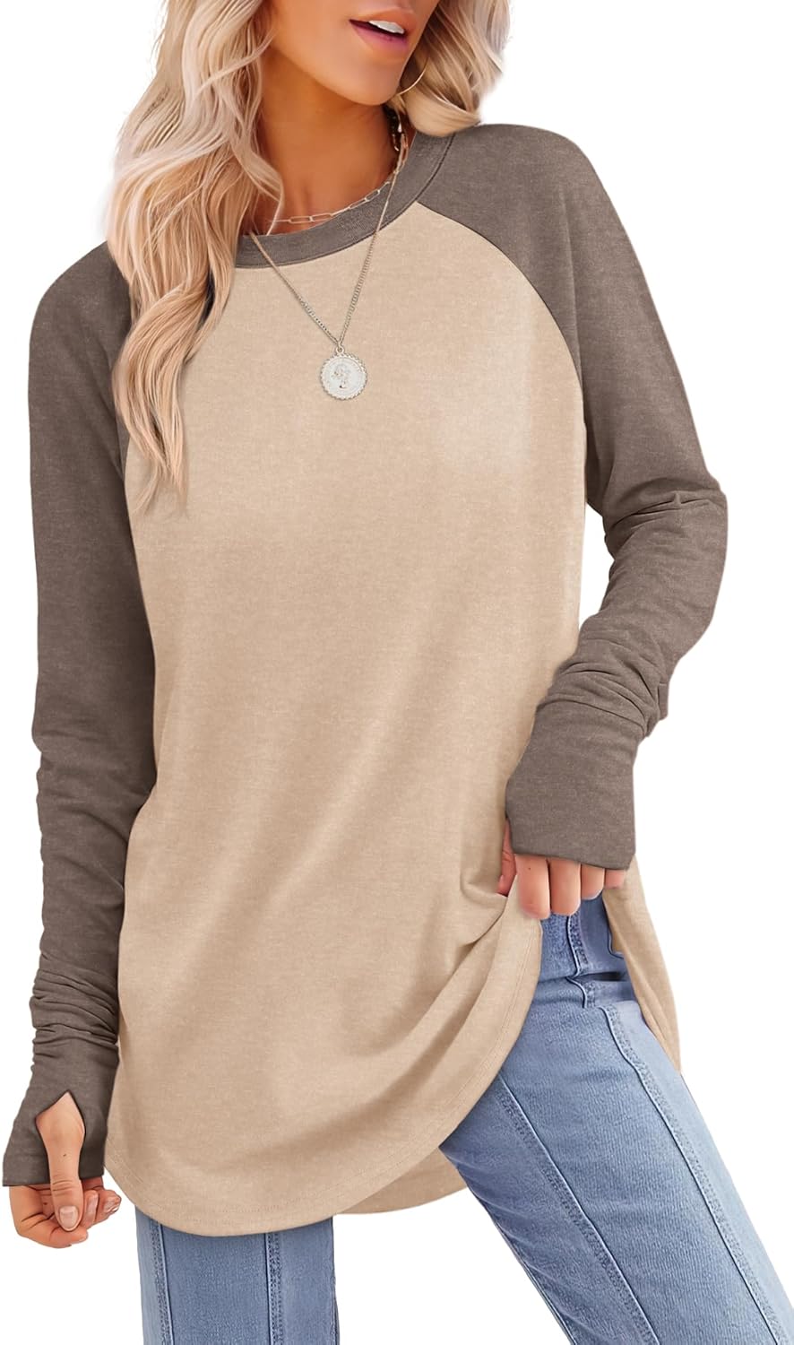 XIEERDUO Womens Tunic Tops to Wear with Leggings Long Sleeve Thumb Hole Shirts Crew Neck Curved Hem