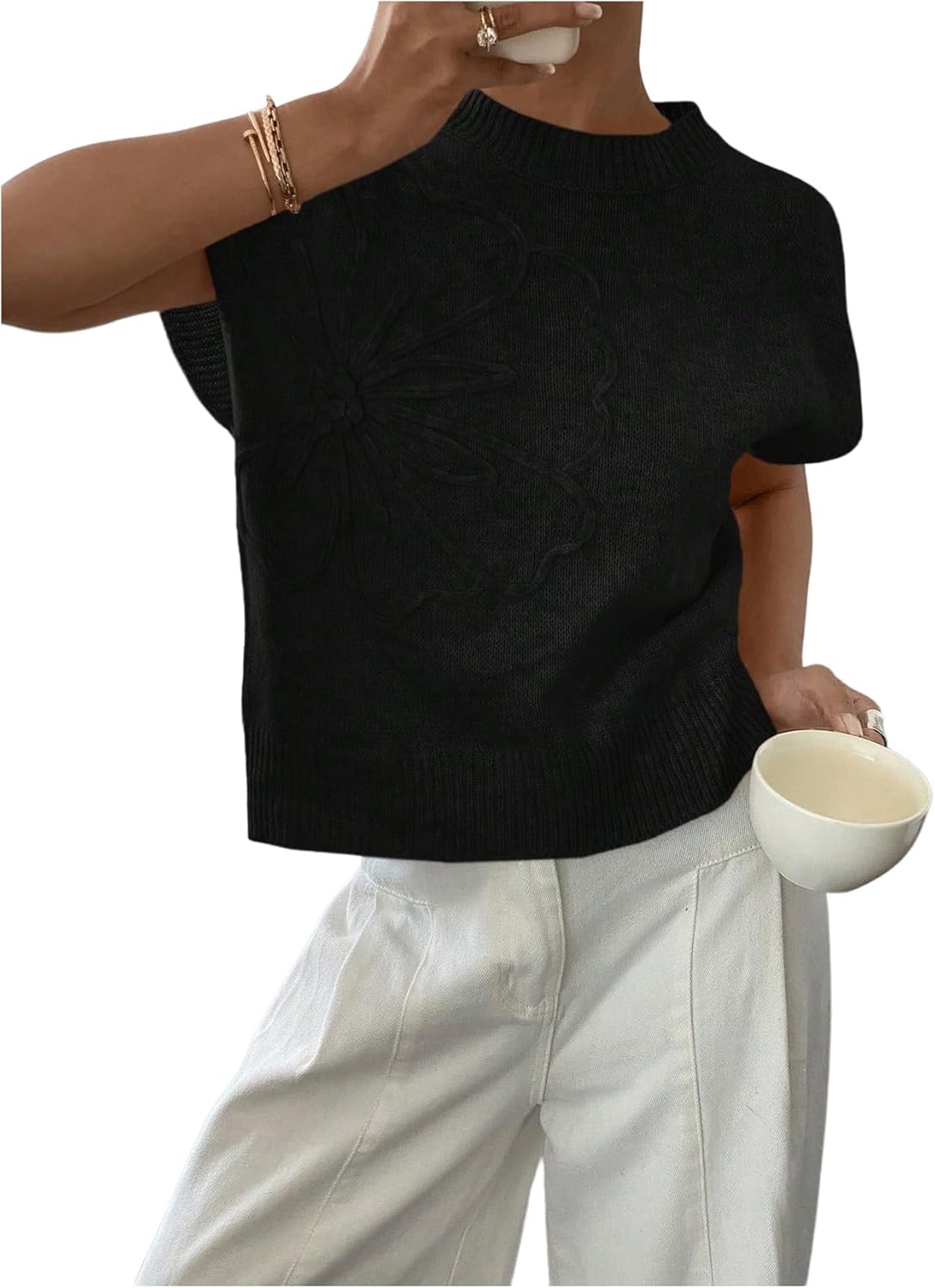 SOLY HUX Women's Ribbed Sweater Crew Neck Short Sleeve Loose Fit Floral Knit Pullover Tops