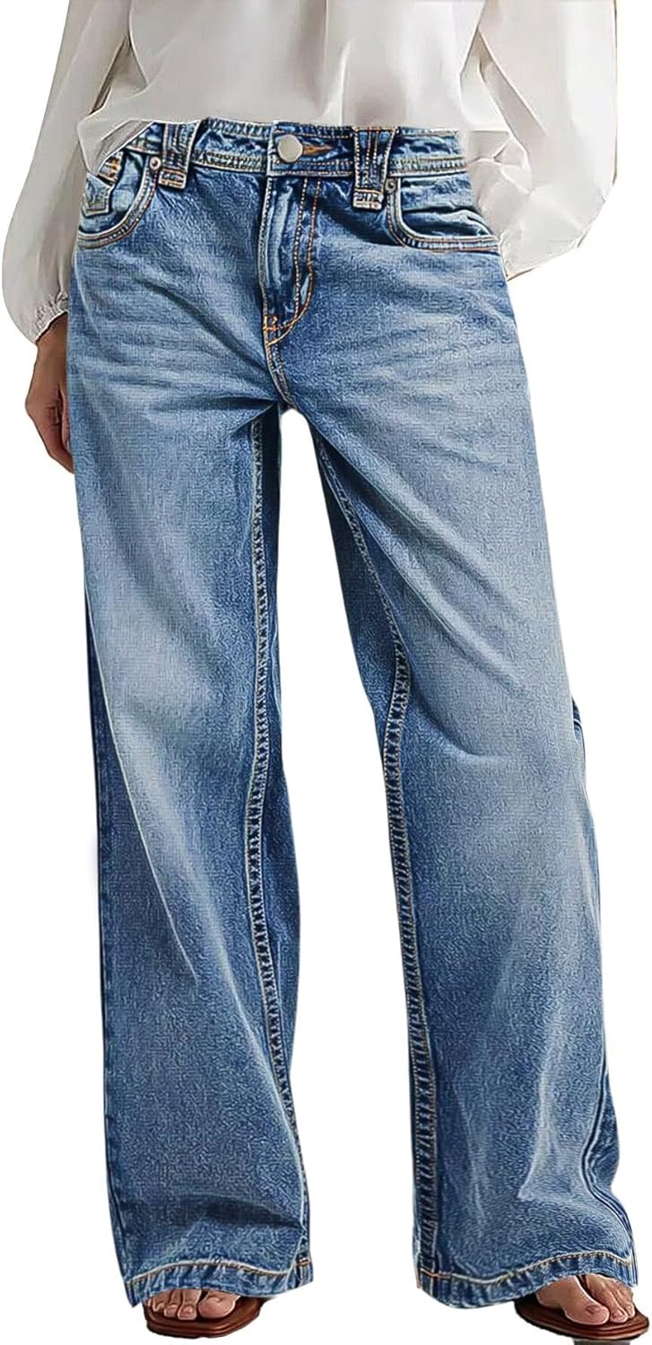 Flamingals Wide Leg Jeans for Women Mid Waist Baggy Stitch Decor Denim Washed Pants Without Belt
