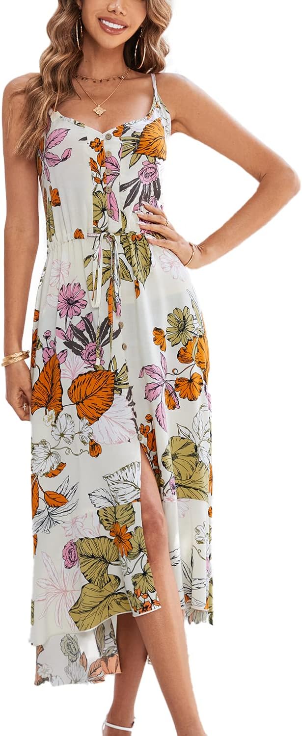 BROVAVE Women's 2025 Summer Casual Boho Sundress Polka Dot Spaghetti Strap V Neck Flowy Midi Dresses