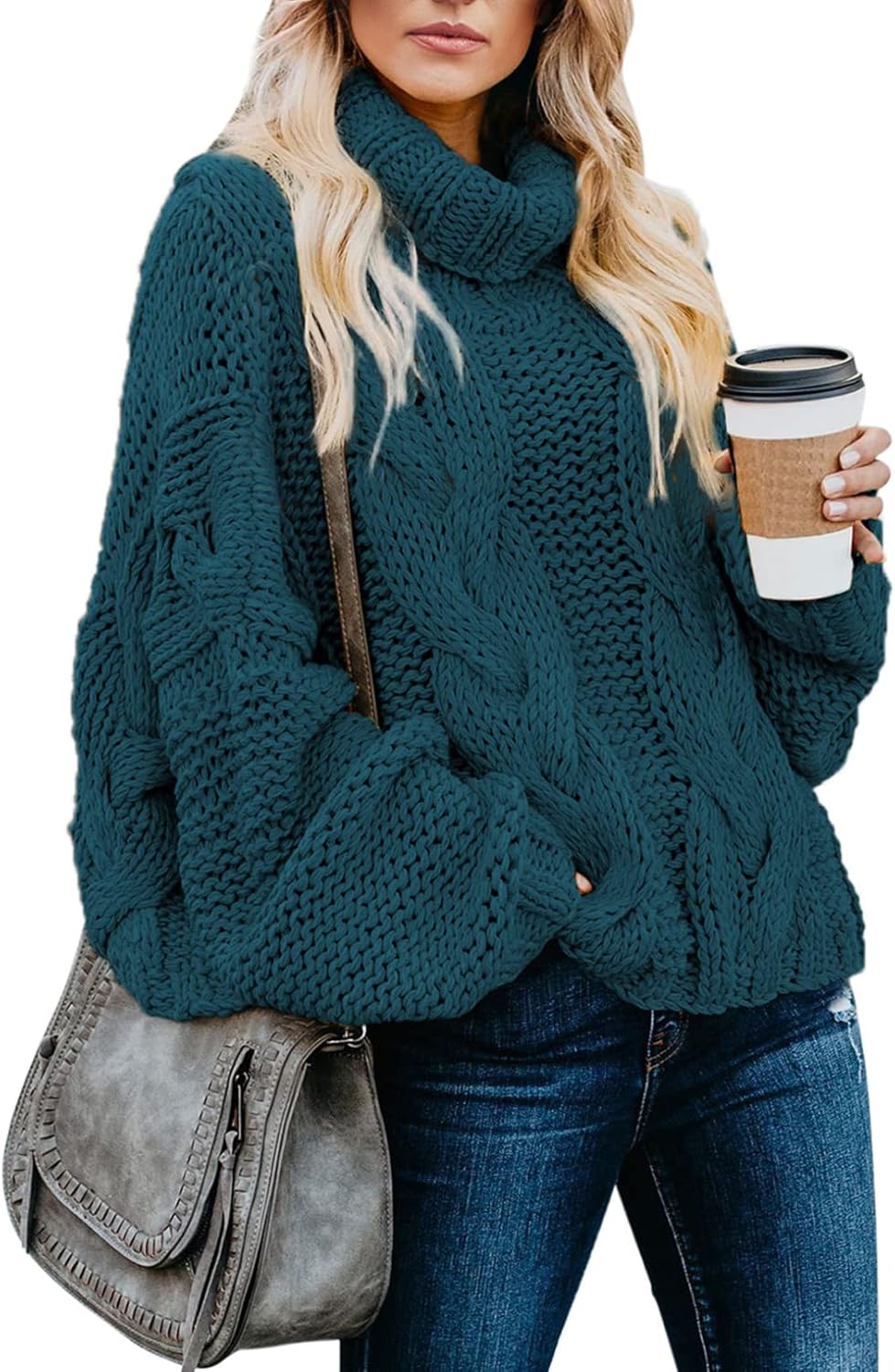 Dokotoo Womens 2025 Winter Fall Solid Turtleneck High Neck Balloon Long Sleeve Sweaters Pullover Outerwear