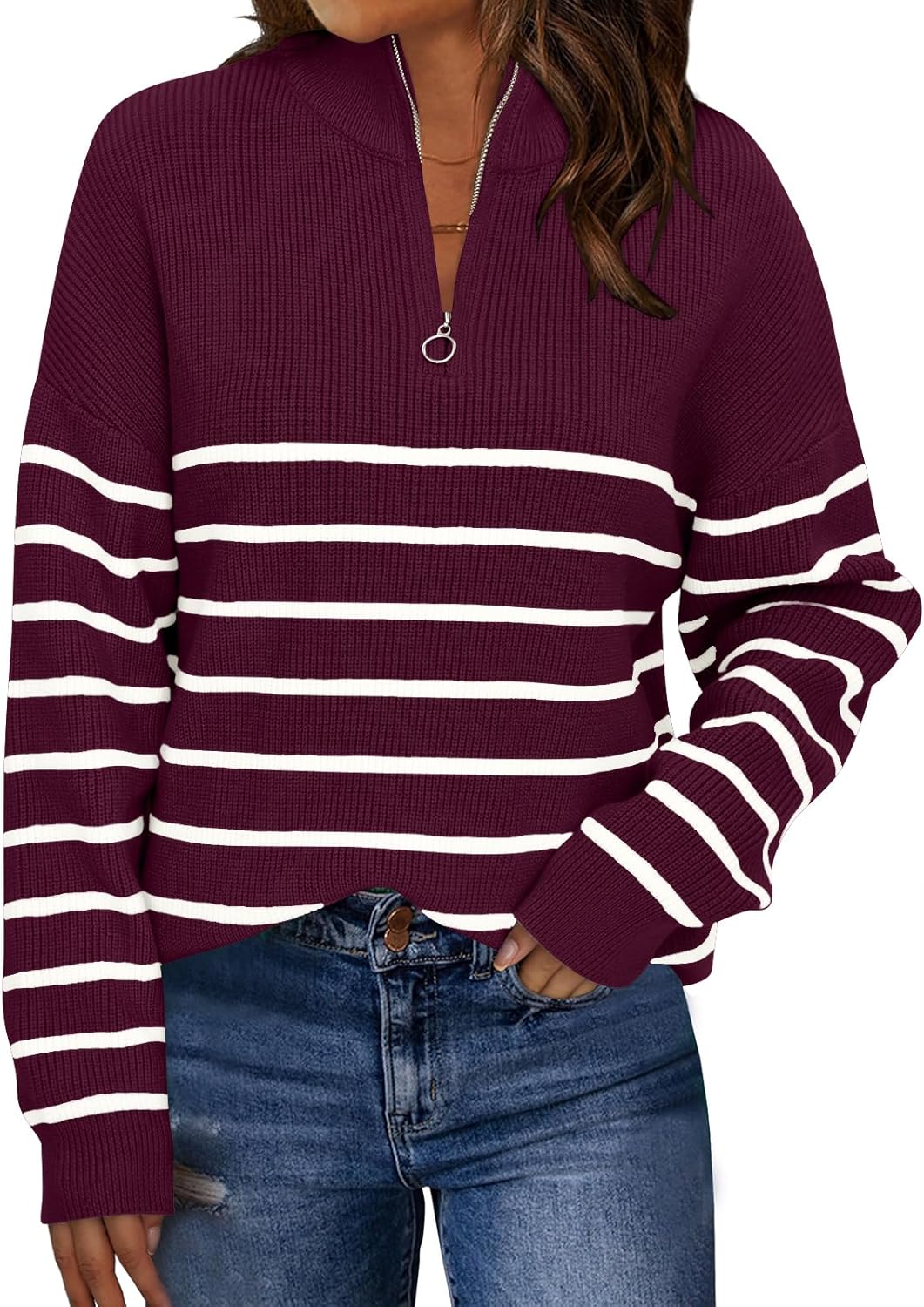 LILLUSORY Women's Quarter Zip Striped Oversized Sweater 2025 Mock Turtleneck Fall Fashion Outfit