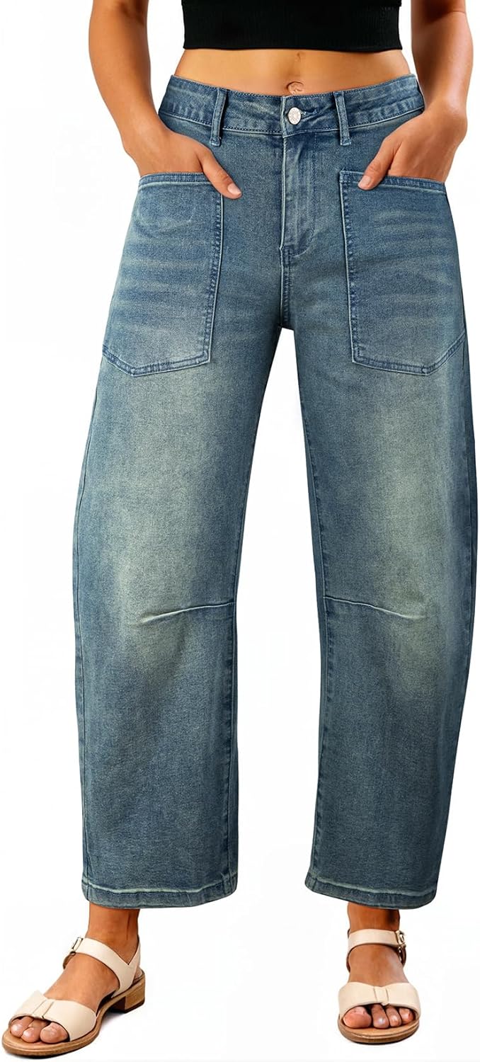 EVALESS Womens Baggy Barrel Jeans High Waisted Wide Leg Boyfriend Denim Ankle Pants