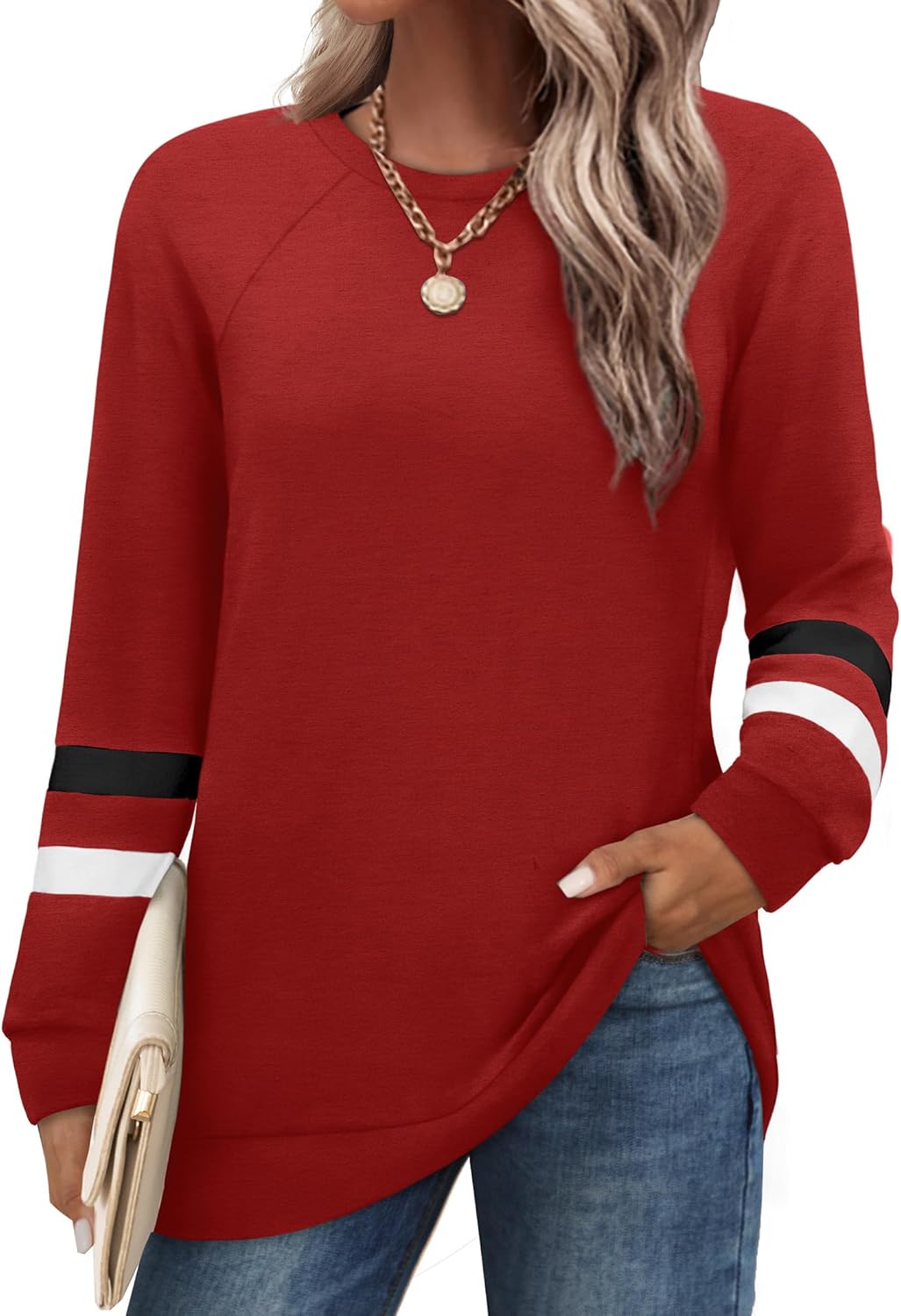 Saloogoe Tunic Sweatshirts for Women Crewneck Lightweight Sweaters Raglan Long Sleeve Shirts Fall Fashion Tops 2025