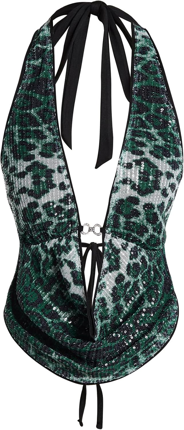Verdusa Women's Cheetah Print Sequin Top Y2K Tie Back Corset Halter Going Out Crop Tops