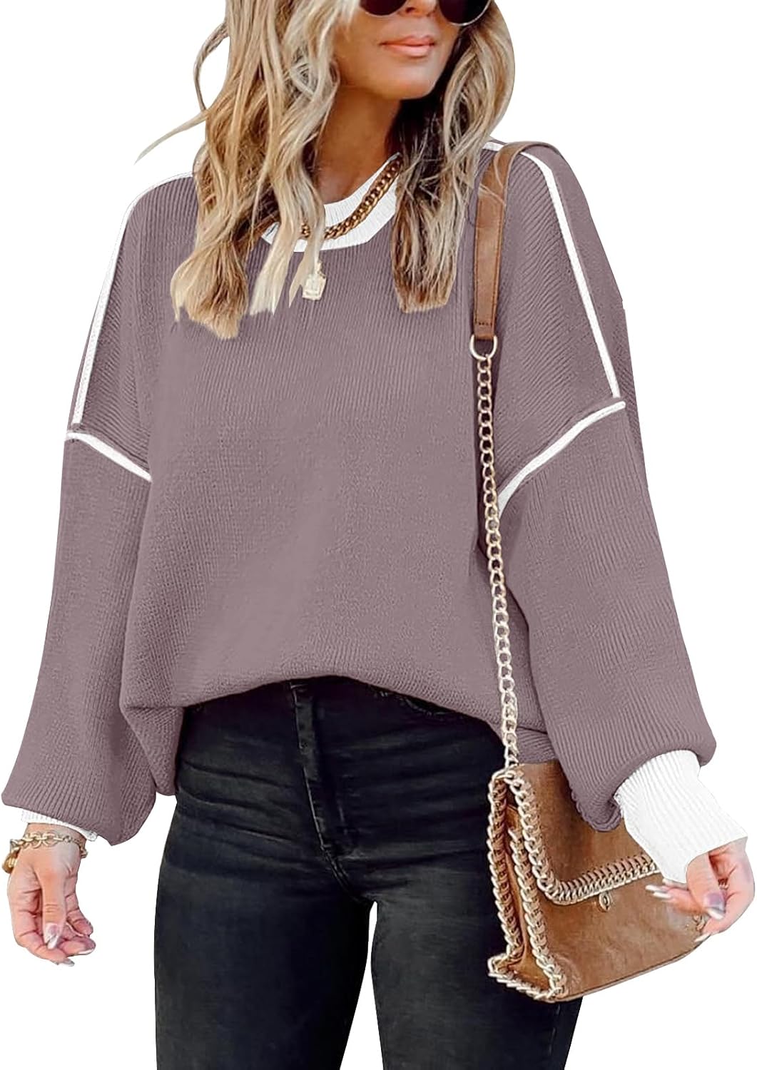 ETCYY Womens Oversized Sweaters Fall 2025 Fashion Clothes Trendy Batwing Sleeve Colorblock Striped Knit Pullover Tops