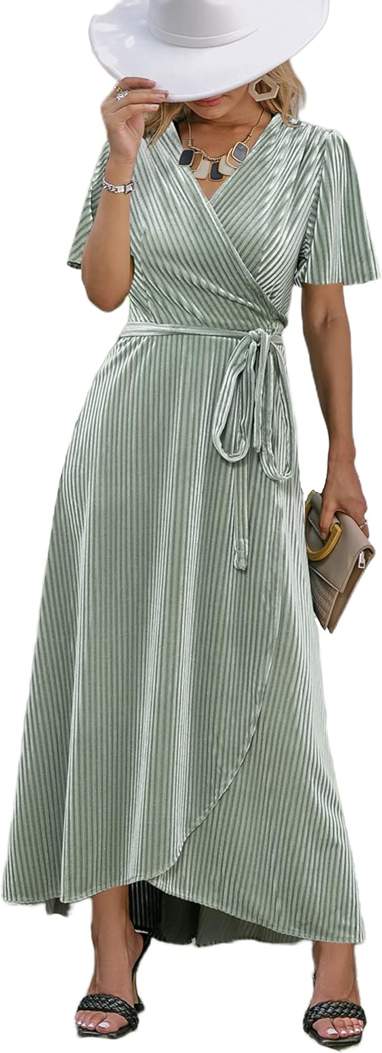 BerryGo Women's Velvet V Neck Wrap Semi Formal Dress Cocktail Party Maxi Dress for Wedding Guest