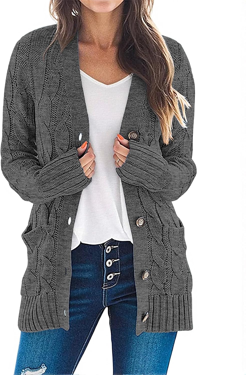 MEROKEETY Women's 2025 Fall Long Sleeve Cable Knit Sweater Open Front Cardigan Button Loose Outerwear