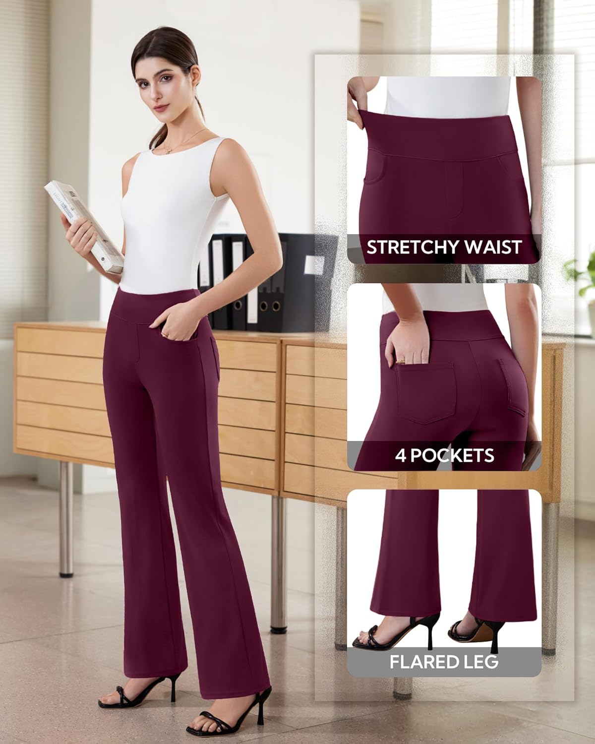 Womens Dress Pants Stretchy Work Pants Business Casual Office Trousers Pull On Flare Slacks with 4 Pockets