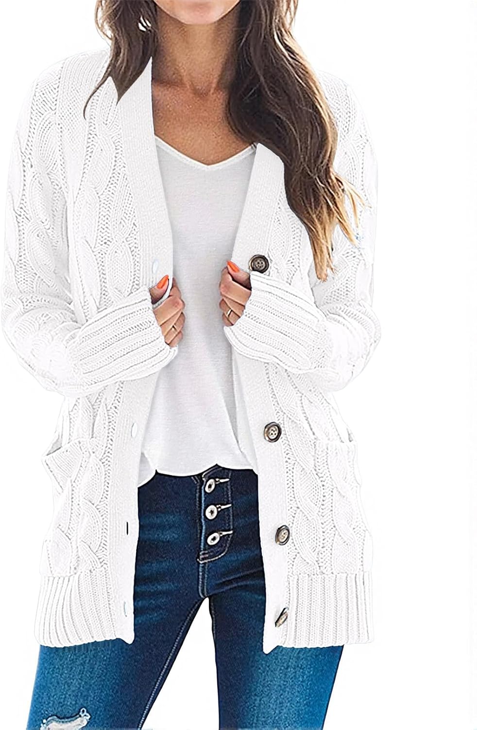 MEROKEETY Women's 2025 Fall Long Sleeve Cable Knit Sweater Open Front Cardigan Button Loose Outerwear