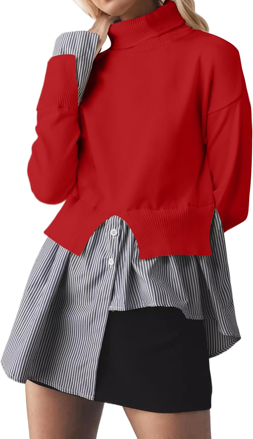 MISSACTIVER Women Slit Turtleneck Patchwork Sweater 2 in 1 Buttons Down Pullover Knit Sweater Asymmetrical Hem Shirt Top