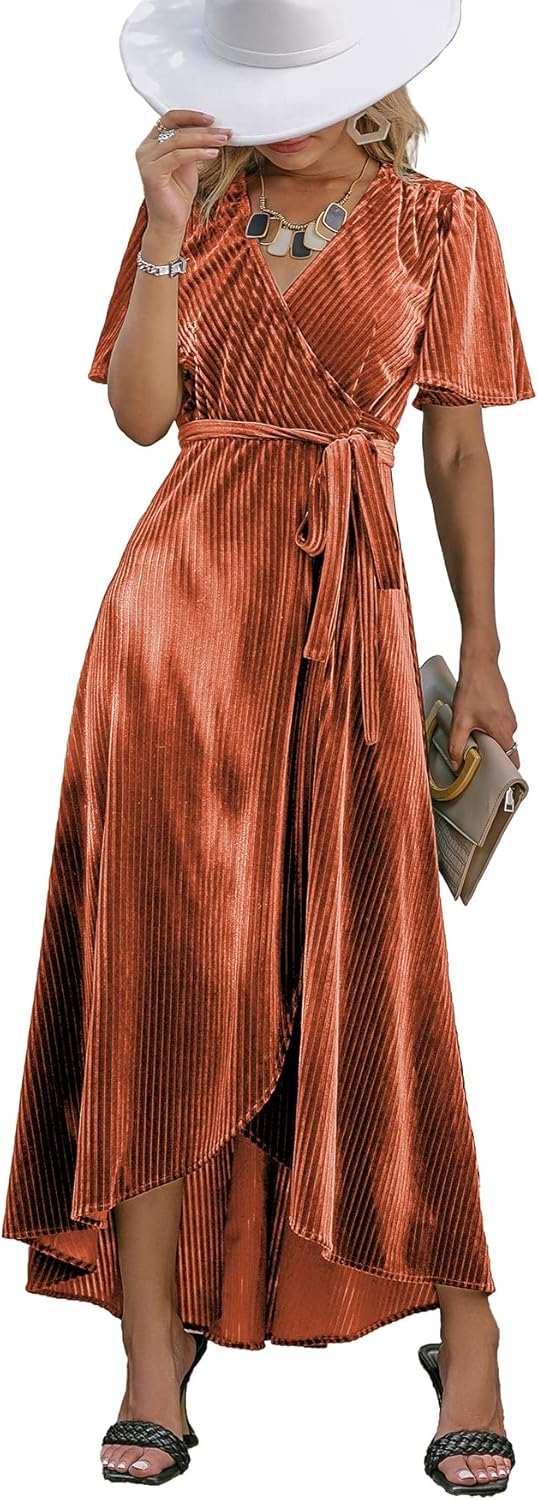 BerryGo Women's Velvet V Neck Wrap Semi Formal Dress Cocktail Party Maxi Dress for Wedding Guest