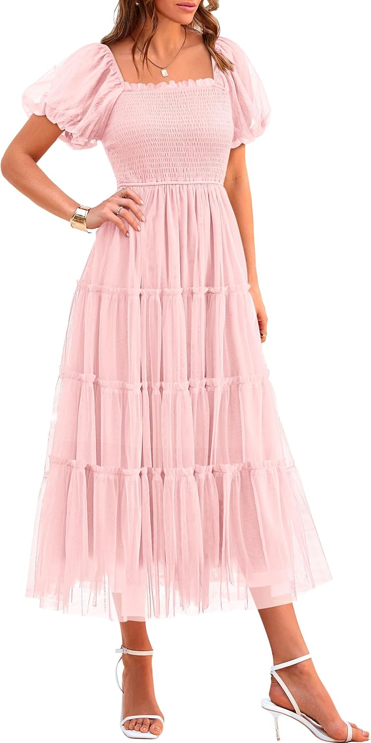 PRETTYGARDEN Women's Smocked Midi Tulle Dress 2025 Summer Puffy Short Sleeve Square Neck Ruffle Wedding Guest Party Dresses