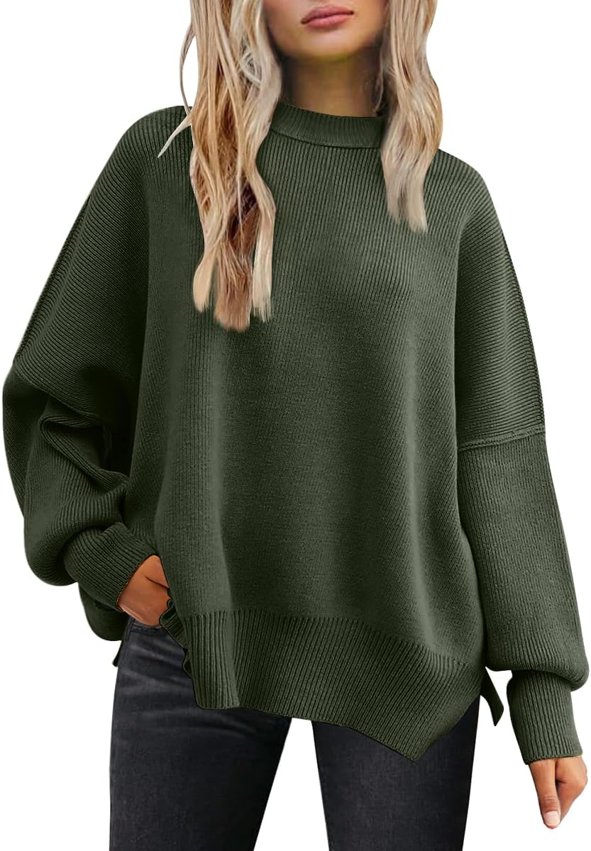LILLUSORY Women's Oversized Batwing Sweaters 2025 Fall Outfits Trendy Crewneck Knit Side Slit Fashion Pullover Tops