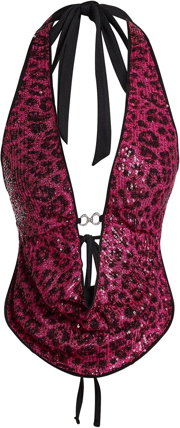 Verdusa Women's Cheetah Print Sequin Top Y2K Tie Back Corset Halter Going Out Crop Tops