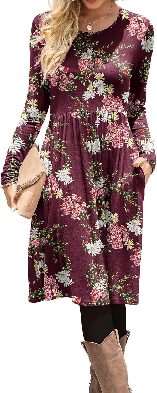 DB MOON Women Casual Long Sleeve Dresses Empire Waist Knee Length Loose Dress with Pockets