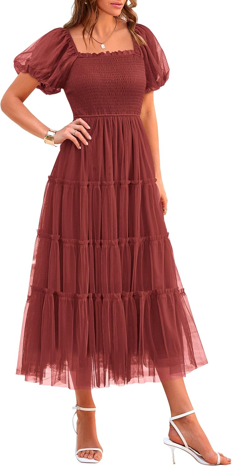 PRETTYGARDEN Women's Smocked Midi Tulle Dress 2025 Summer Puffy Short Sleeve Square Neck Ruffle Wedding Guest Party Dresses