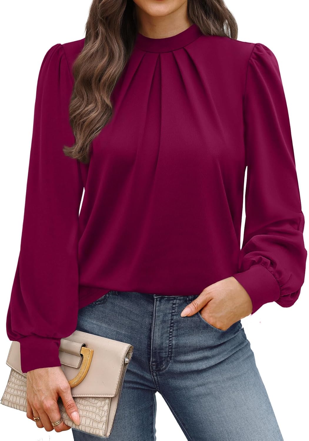 WIHOLL Long Sleeve Shirts for Women Mock Neck Tops Pleated Front Blouses Dressy Casual Fall Clothes 2025 Fashion