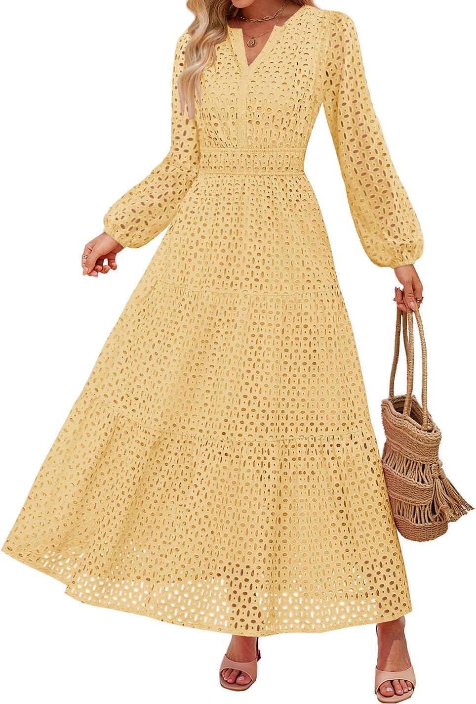 ZESICA Women's 2025 Fall Long Sleeve Maxi Dress V Neck Hollow Out Eyelet A Line Long Flowy Casual Party Dresses