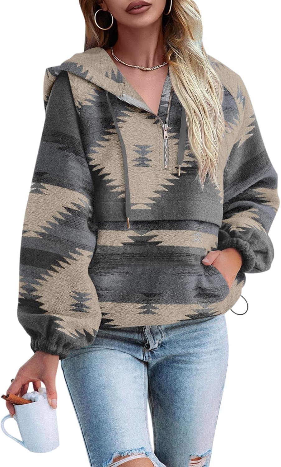 Fessceruna Womens Aztec Half Zip Up Hoodies Sweatshirt Casual Long Sleeve Oversized Ethnic Tribal Hooded Pullover Shirt Top