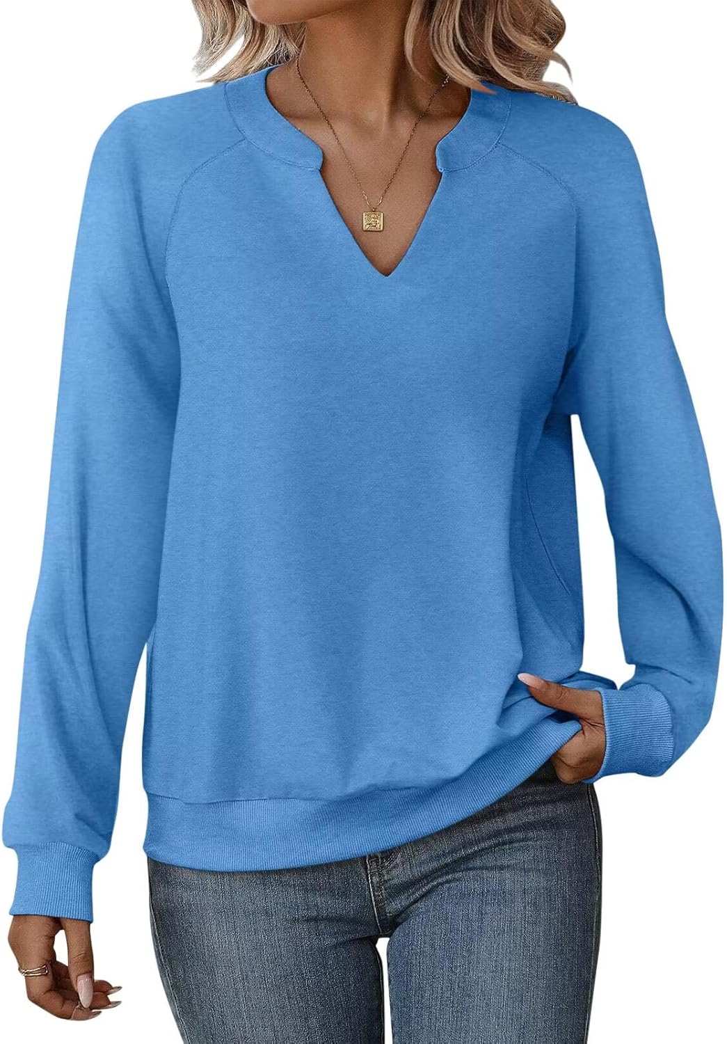 EADINVE Women Casual Long Sleeve V Neck Sweatshirts Cute Loose Fit Lightweight Pullover Tops