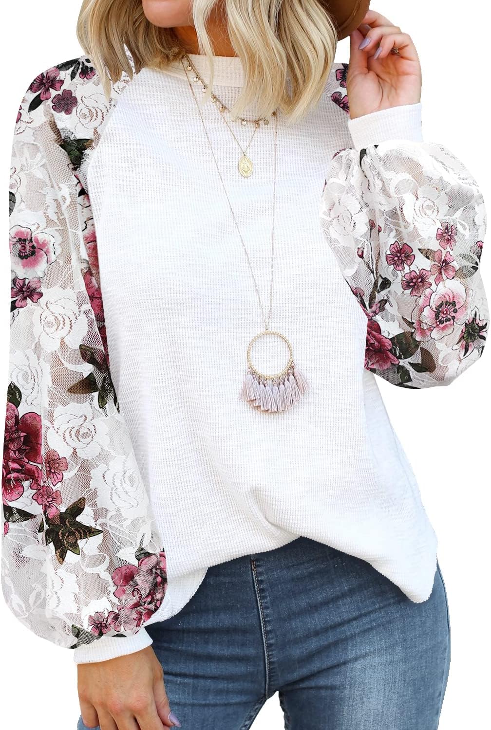 MIHOLL Women’s Long Sleeve Tops Lace Casual Loose Blouses T Shirts