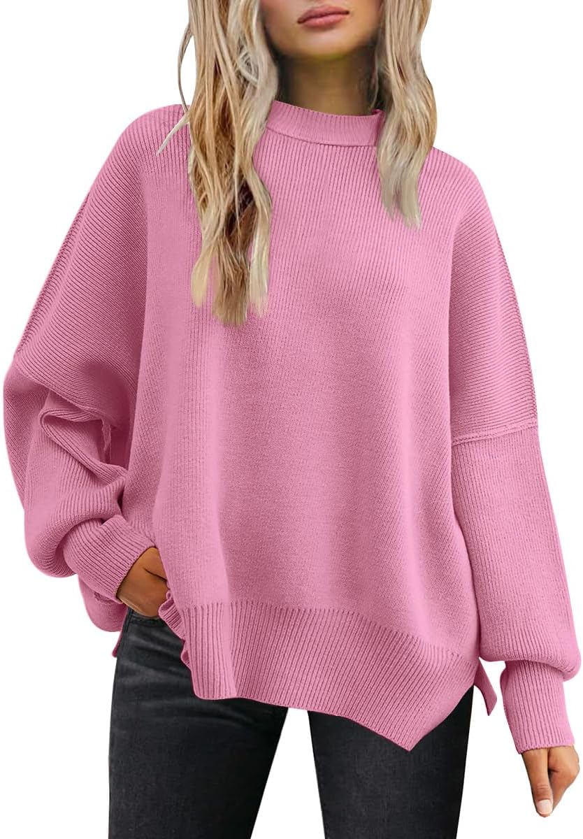 LILLUSORY Women's Oversized Batwing Sweaters 2025 Fall Outfits Trendy Crewneck Knit Side Slit Fashion Pullover Tops