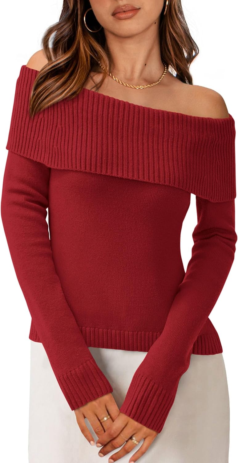 PRETTYGARDEN Off The Shoulder Sweater for Women 2025 Fall Fashion Cute Long Sleeve Tops Winter Ribbed Pullover Knit Outfits