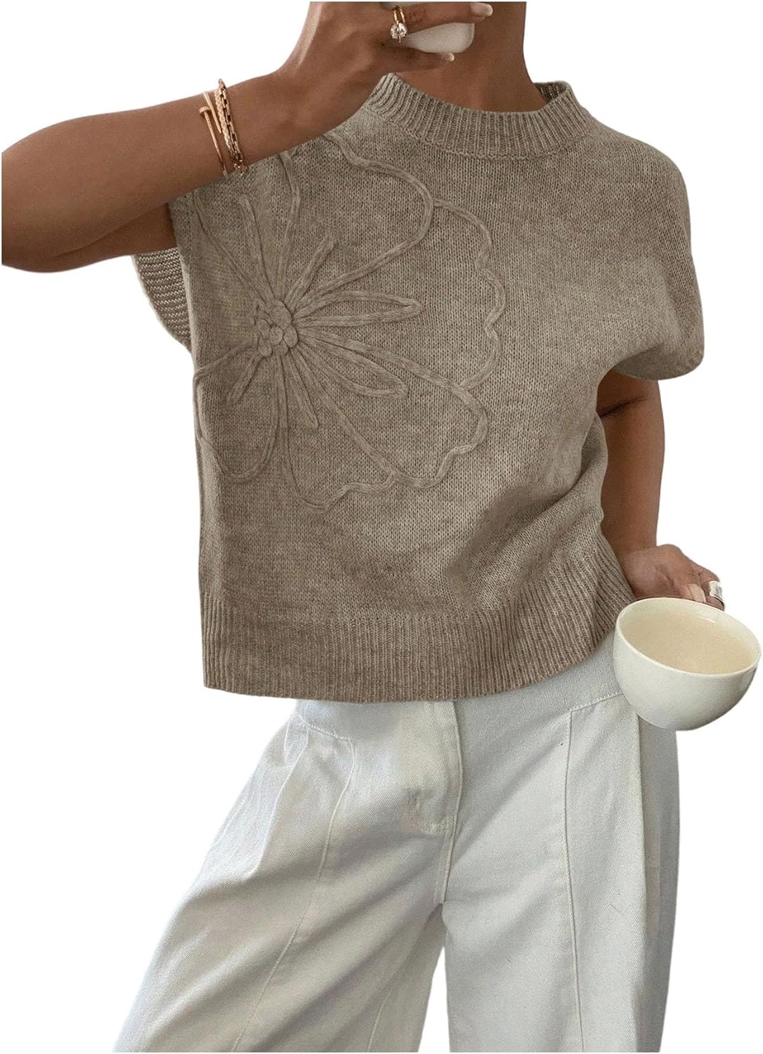 SOLY HUX Women's Ribbed Sweater Crew Neck Short Sleeve Loose Fit Floral Knit Pullover Tops