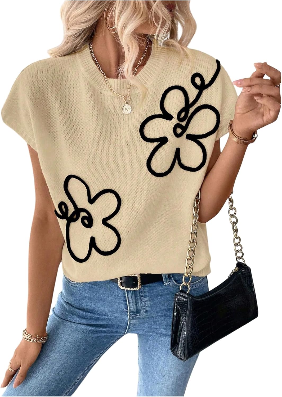 SOLY HUX Women's Ribbed Sweater Crew Neck Short Sleeve Loose Fit Floral Knit Pullover Tops