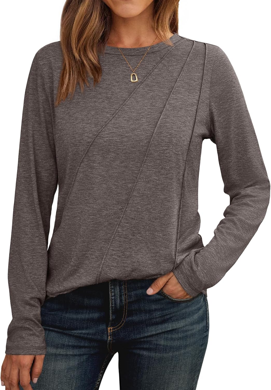 AUTOMET Womens Long Sleeve Shirts Pleated Crew Neck Casual Fall Fashion Tops Loose Fit Lightweight Girls Outfits Clothes