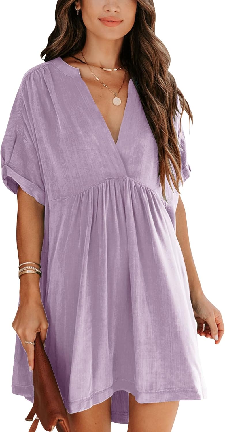 Minclouse Women's Babydoll Short Sleeve Tunic Dress V Neck Cute Casual Loose Dresses