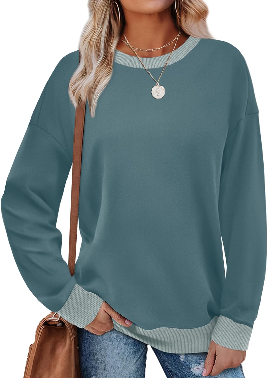 Saloogoe Sweatshirts for Women Crewneck Long Sleeve Loose Fit Tops Color Block Ribbed Trim Fashion 2025