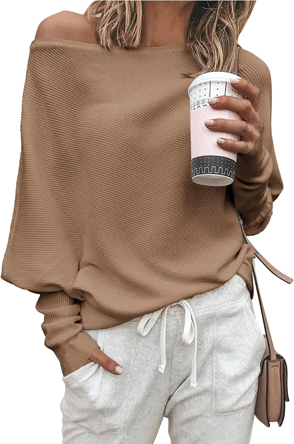 Zenlonr Women's Fall Sweaters 2025 Casual Long Batwing Sleeve Loose Off Shoulder Knit Pullovers Jumper Tops