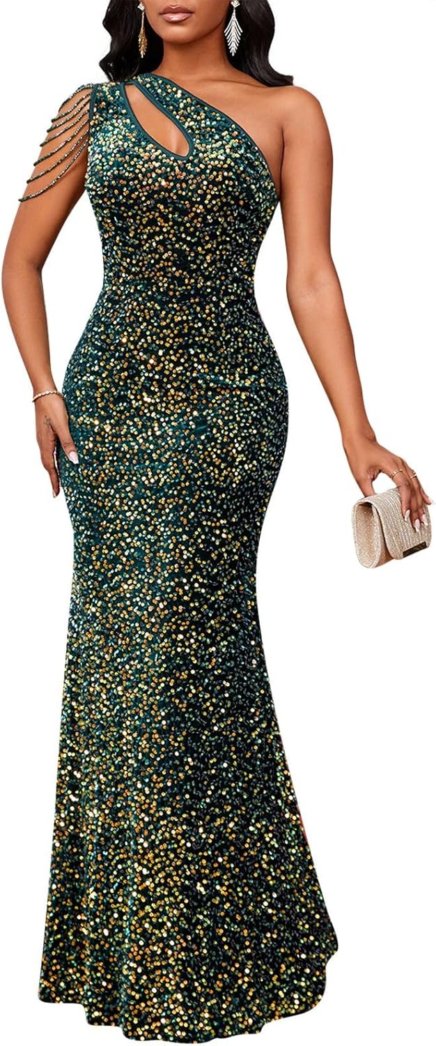 Cololura Women Sequin Elegant Sexy One Shoulder Tassel Mermaid Bodycon Cocktail Evening Dress