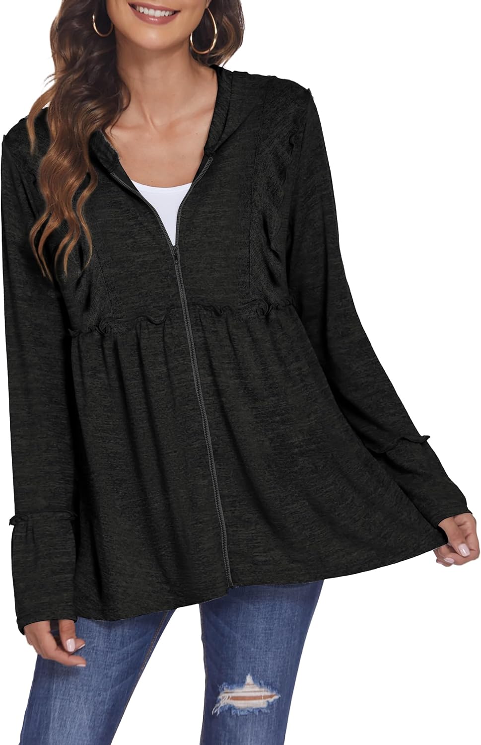 DEESHA Full Zip Up Hoodie for Women Pleated Tiered Ruffle Hooded Sweatshirts Jacket Coat Long Sleeve(Black, X-Large)